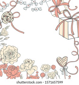 Hand drawn  Valentine's Day set. Vector  background with flowers and sweets. Sketch  illustration.