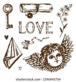 Hand drawn Valentine's day set in vintage style. Collection of Valentine's day objects. Hand drawn cherub, key, love letter, handkerchief, laces, word "love" and forget-me-not.