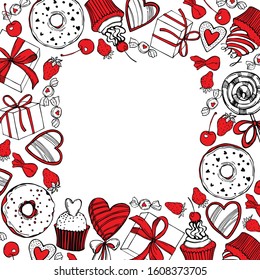 Hand drawn  Valentine's Day set. Vector  background with cupcakes and sweets. Sketch  illustration.