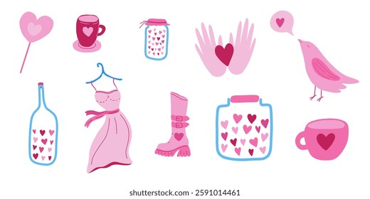 Hand drawn valentine's day set of elements. Pink doodle dress, hands, heart, bird, jar, boot. Stock vector illustration isolated on white background.