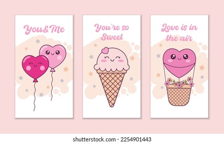Hand drawn Valentines day social media stories set  Vertical banners and cute kawaii characters in cartoon style  Love  romantic concept 