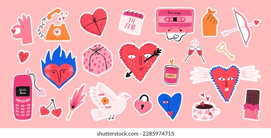 Dibujaron mano conjunto de stickers para el día de San Valentín, dibujos animados de ilustraciones planas vectoriales aislados en fondo rosa. Elementos de amor divertidos y extravagantes - caja de regalo, corazón con cara, viejo teléfono móvil, vela. Estilo de los 90.