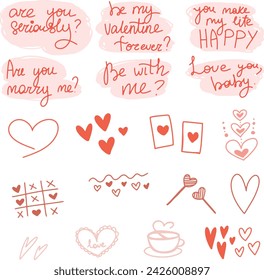 Hand drawn Valentines day sticker set, cartoon flat vector with lettering
