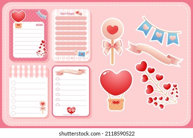 Hand drawn valentine's day stickers collection  banner  social media post  note  sticky note  cute background