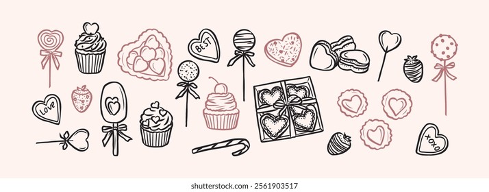 Hand drawn Valentine's day sweets collection. Whimsical illustration