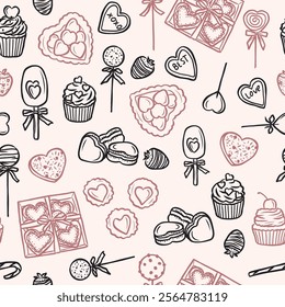 Hand drawn Valentine's day sweets background. Whimsical illustration