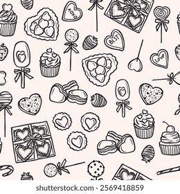 Hand drawn Valentine's day sweets seamless pattern. Whimsical illustration