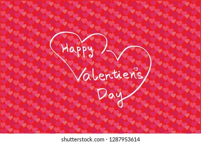 Hand drawn Valentine's Day text with two hearts on a heart shaped mesh background