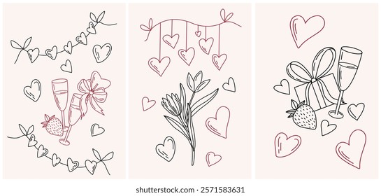 Hand drawn Valentines Day vector card set. illustration with hearts, tulips, champagne glasses, strawberries, and gift boxes. Black and red colors. Sketch style for prints, cards, posters, decor