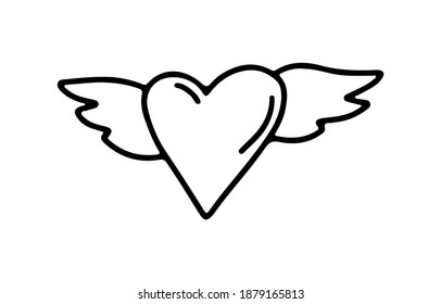 Hand drawn Valentines day wings with a heart in doodle style isolated on white background. Vector outline illustration. Design for greeting card, banner, web, sticker, coloring book