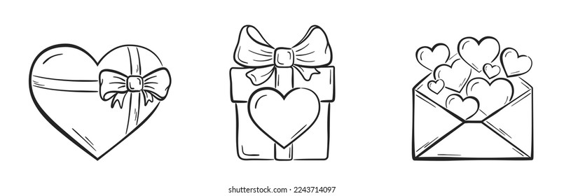 juego de regalos de tarjetas dibujadas a mano. símbolos románticos y de amor. diseño del día de San Valentín. elemento vector esquemático
