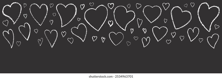 Hand drawn Valentines heart with chalk, crayon, grunge texture banner. Vector stoke illustration isolated on black background for decoration template wedding greeting card, invitation, menu. EPS10