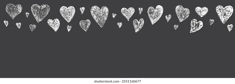 Hand drawn Valentines heart with chalk, crayon, grunge texture banner. Vector stoke illustration isolated on black background for decoration template wedding greeting card, invitation, menu. EPS10