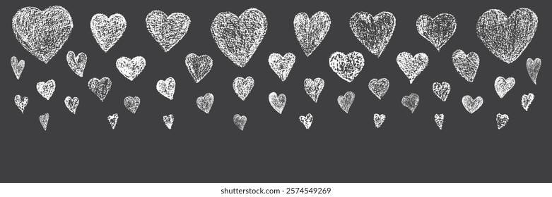 Hand drawn Valentines heart with chalk, crayon, grunge texture banner. Vector stoke illustration isolated on black background for decoration template wedding greeting card, invitation, menu. EPS10