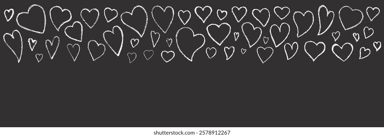 Hand drawn Valentines heart with chalk, crayon, grunge texture banner. Vector stoke illustration isolated on black background for decoration template wedding greeting card, invitation, menu. EPS10