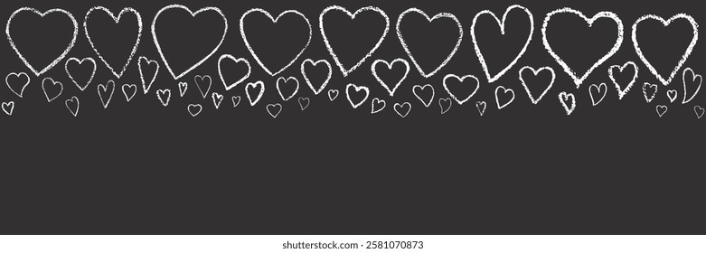 Hand drawn Valentines heart with chalk, crayon, grunge texture banner. Vector stoke illustration isolated on black background for decoration template wedding greeting card, invitation, menu. EPS10