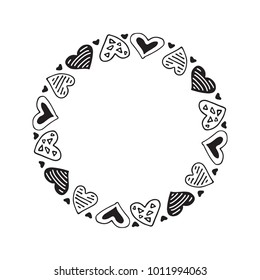 Hand drawn Valentines hearts border isolated on white background. Design element for home decor, photo frames, branding, greeting cards, textile prints. Valentines illustration.