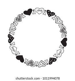 Hand drawn Valentines hearts border isolated on white background. Design element for home decor, photo frames, branding, greeting cards, textile prints. Valentines illustration.