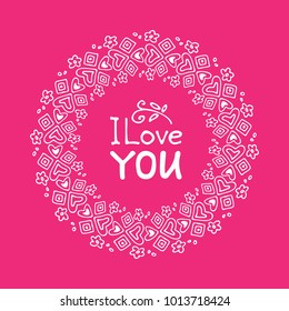 Hand drawn Valentines hearts border with lettering  isolated on pink background. Design element for greeting cards and holiday decorations. Valentines Day  illustration.