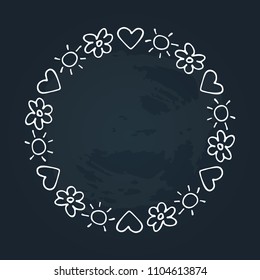 Hand drawn Valentines hearts border on chalkboard background. Design element for text frames, photo frames or greeting cards. Romantic illustration.