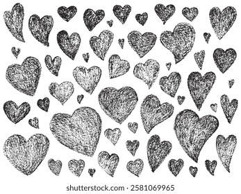 Hand drawn Valentines hearts with chalk, crayon, lipstick grunge texture. Vector stoke illustration isolated on white background for decoration template greeting card, invitation, banner, menu. EPS10