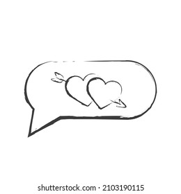 hand drawn valentines message. chat bubble with two hearts with arrow. sketchy vector love symbol