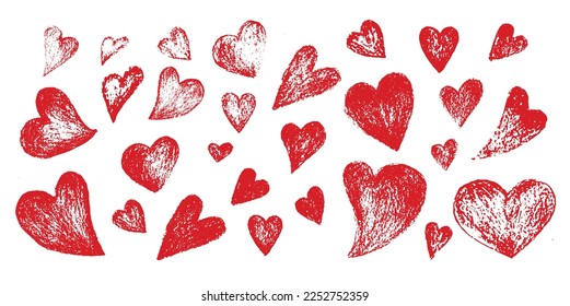 Hand drawn Valentines red heart doddle brush stroke with grunge texture. Vector stoke illustration isolated on white background for decoration template greeting card, invitation, banner, menu. EPS10