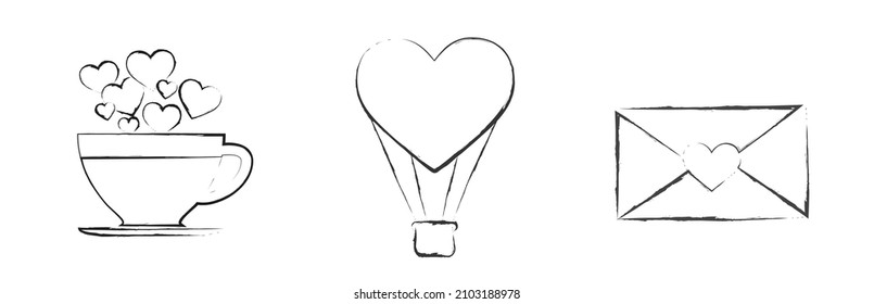 hand drawn valentines set. coffee cup with hearts, air balloon and envelope with heart. sketchy vector elements