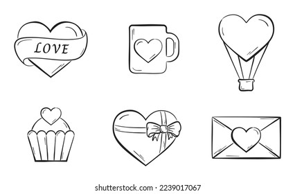 hand drawn valentines set. love, heart, hot air balloon, cake and envelope symbols. sketchy vector elements for valentine's day design