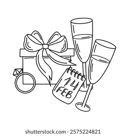 Hand drawn Valentines vector set with gift box, champagne glasses, ring, and calendar. illustration is in an outline style with clean lines. for card, invitation, packaging and decoration