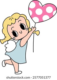 Hand drawn valentines whimsical Cupid angel cartoon baby angel with polka dots hearts and love letter