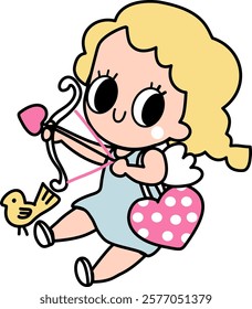 Hand drawn valentines whimsical Cupid angel cartoon baby angel with polka dots hearts and love letter