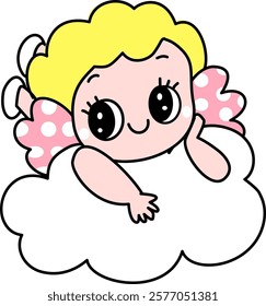 Hand drawn valentines whimsical Cupid angel cartoon baby angel with polka dots hearts and love letter