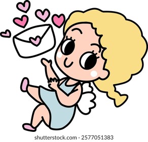 Hand drawn valentines whimsical Cupid angel cartoon baby angel with polka dots hearts and love letter