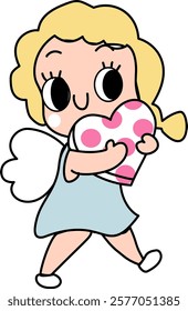 Hand drawn valentines whimsical Cupid angel cartoon baby angel with polka dots hearts and love letter