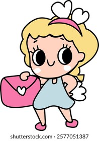 Hand drawn valentines whimsical Cupid angel cartoon baby angel with polka dots hearts and love letter