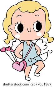 Hand drawn valentines whimsical Cupid angel cartoon baby angel with polka dots hearts and love letter