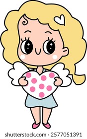 Hand drawn valentines whimsical Cupid angel cartoon baby angel with polka dots hearts and love letter