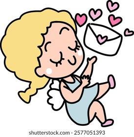 Hand drawn valentines whimsical Cupid angel cartoon baby angel with polka dots hearts and love letter