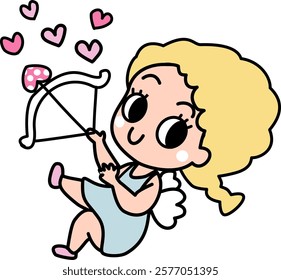 Hand drawn valentines whimsical Cupid angel cartoon baby angel with polka dots hearts and love letter