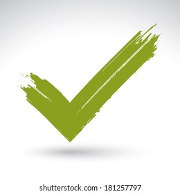 Icono de validación dibujado a mano escaneado y vectorizado, dibujo de pincel, marca de verificación verde, símbolo de navegación pintado a mano aislado sobre fondo blanco.