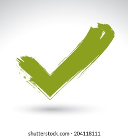 Hand drawn validation icon scanned and vectorized, brush drawing green checkmark, hand-painted navigation symbol isolated on white background.