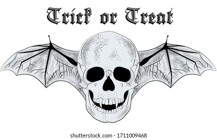 Hand drawn vampire skull with bat wings. Halloween trick or treat vector poster illustration