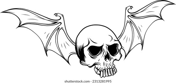 Hand drawn vampire skull with bat wings. Halloween trick or treat vector illustration