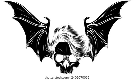 Calavera de vampiros dibujada a mano con alas de murciélago. Halloween truco o tratar la ilustración de un cartel vectorial