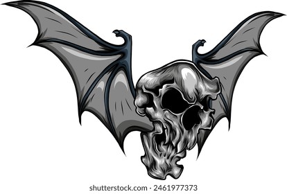 Cráneo de vampiro dibujado a mano con alas de murciélago. Halloween truco o trato Ilustración vectorial