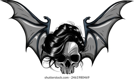 Cráneo de vampiro dibujado a mano con alas de murciélago. Halloween truco o trato Ilustración vectorial