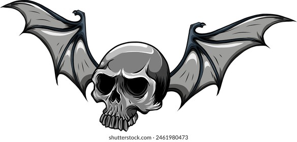 Cráneo de vampiro dibujado a mano con alas de murciélago. Halloween truco o trato Ilustración vectorial