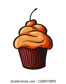 Hand drawn vanilla cupcake with cherry on top, vintage colorful food sketches, isolated on white background. Vector illustration.