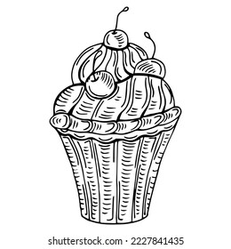 Hand drawn vanilla cupcake with cherry on top, vintage colorful food sketches, isolated on white background. Vector illustration.